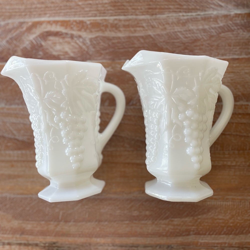 White Milk Glass Pitcher or Vase with Grape Design